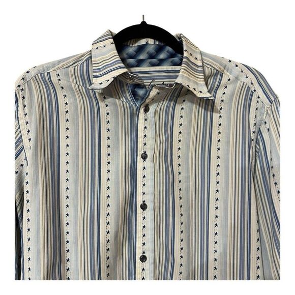 Robert Graham Pearl Snap Shirt Mens Medium White Blue Striped Stars Long Sleeve - Picture 2 of 5